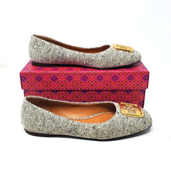 Tory Burch Georgia Ballet Flats Square Toe Rustic Linen Wool Gold 87306 Size 8 M - Picture 2 of 12